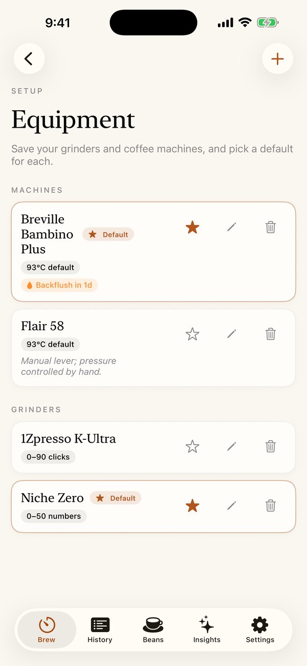 Crema Equipment screen listing the Breville Bambino Plus and Flair 58 machines and the Niche Zero and 1Zpresso K-Ultra grinders