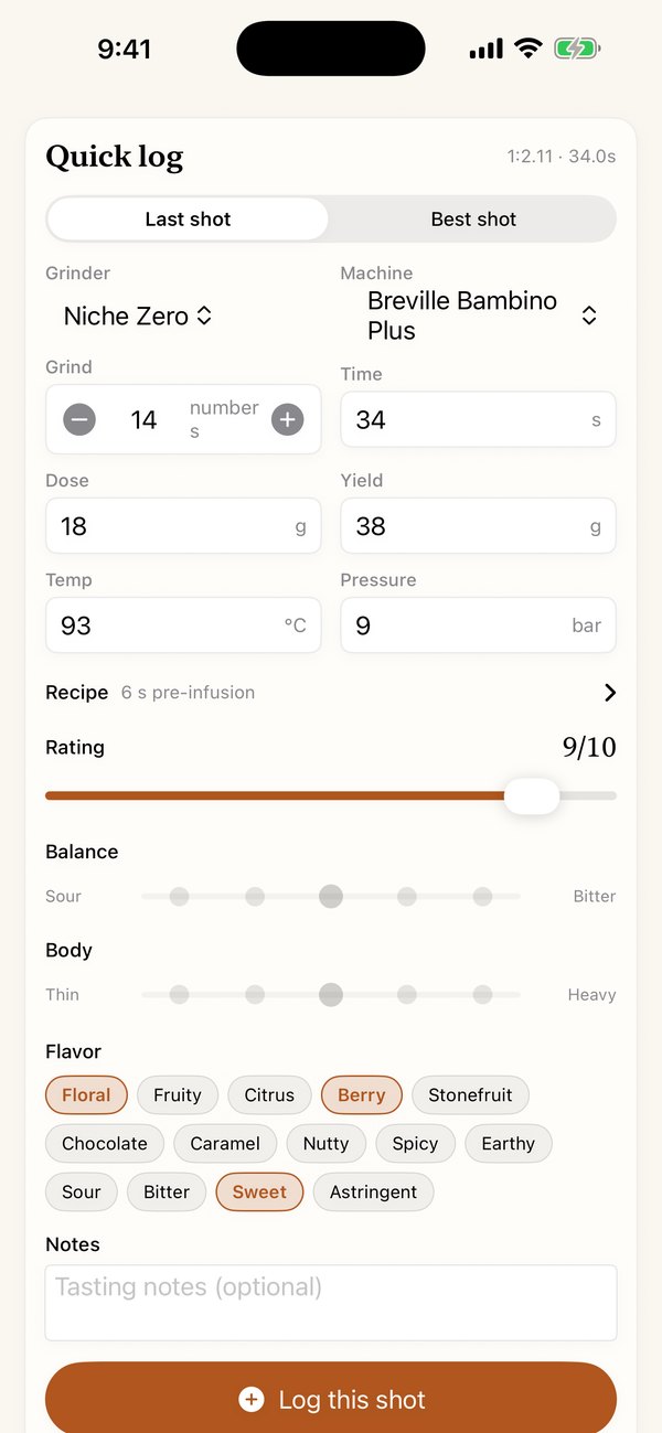 Crema Quick log screen showing flavor chips, rating arc and Log this shot button